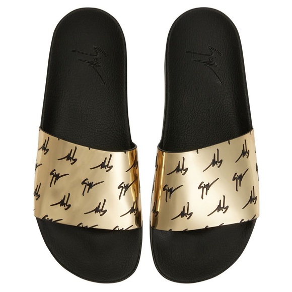 giuseppe zanotti BNIB reflective gold designer logo slipon sandals
